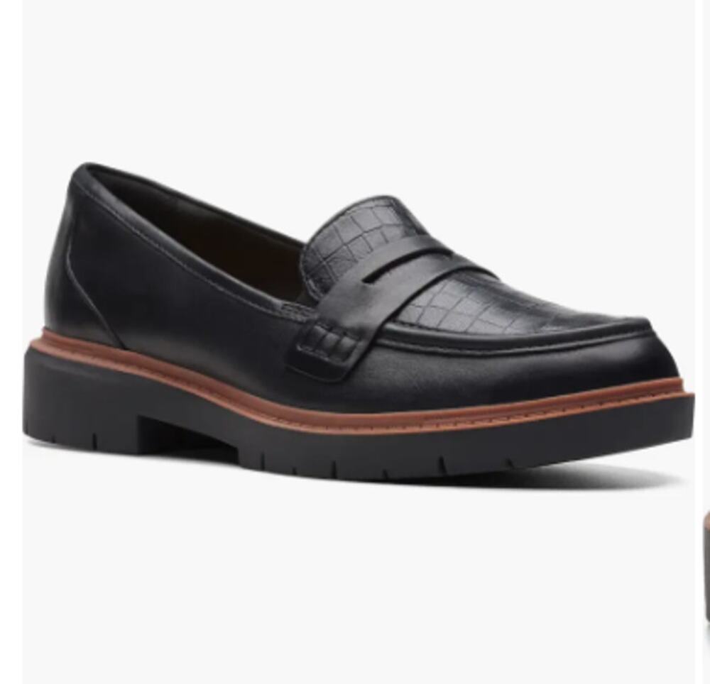 Clarks Westlynn Ayla Loafers Black Leather Croc Embossed Lug Sole 9.5W